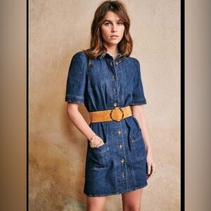 Sezane Dark Blue Denim Button-Up Almette Mini Dress